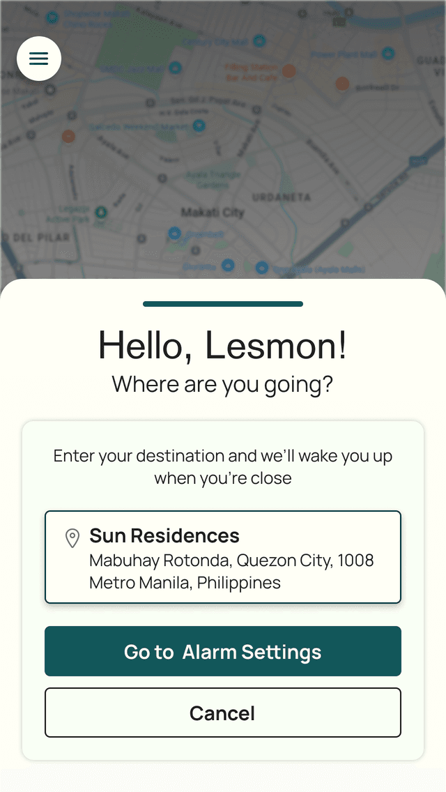 Set your destination and alarm settings